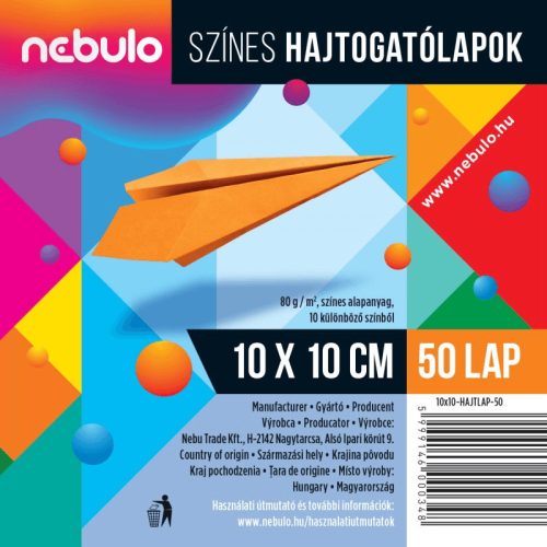 Színes papírok, hajtogatólap 10x10cm, 80g, 50 lap/cs, Nebulo