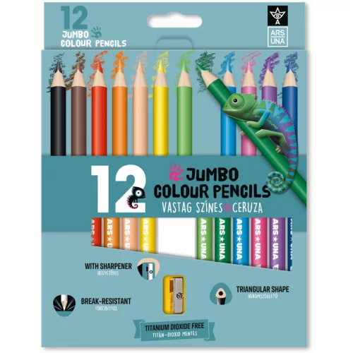 Színes ceruzakészlet 12 db-os, hegyezővel, Ars Una, háromszög test, jumbo