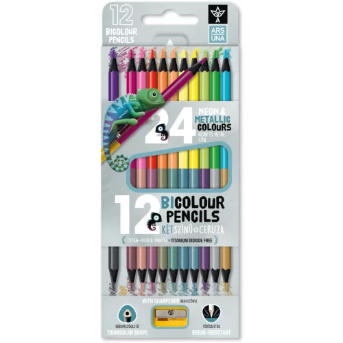 Színes ceruzakészlet 12/24, DUO (kétvégű) bicolor, hegyezővel, Ars Una, háromszög test, neon-metál
