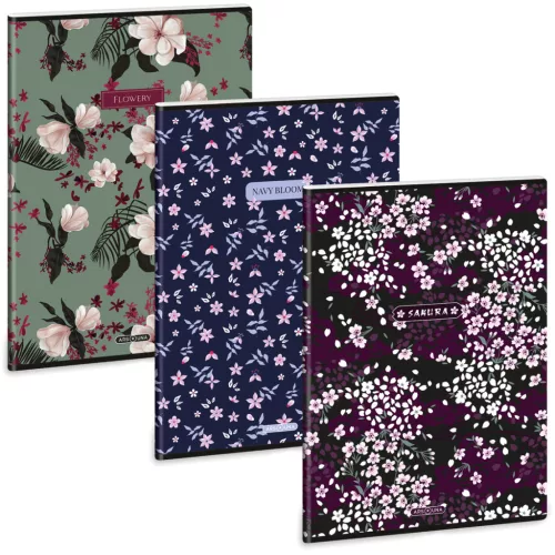 Ars Una tűzött füzet A/4, 40 lap kockás, többféle, Flowery, Sakura, Navy