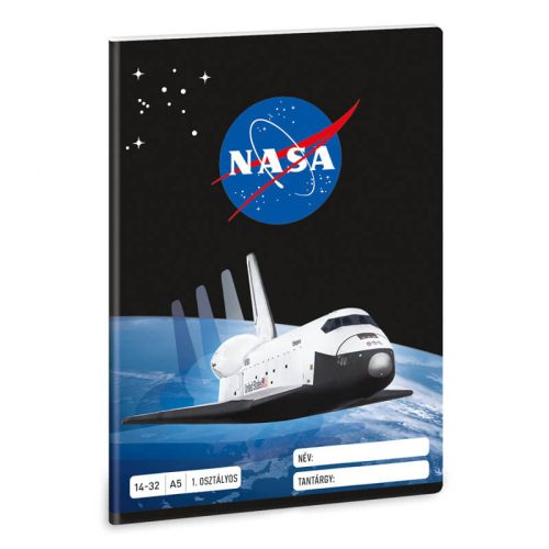 NASA tűzött füzet A/5, 32 lap vonalas 1.osztály (14-32), fekete, űrsiklóval