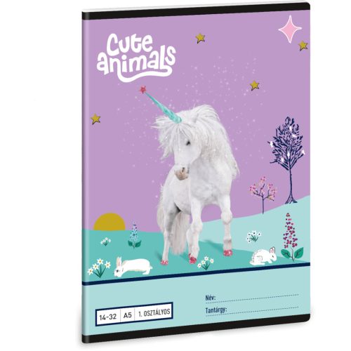 Unikornis tűzött füzet A/5, 32 lap vonalas 1.osztály (14-32), Cute Animals, Unicorn
