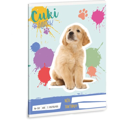Cuki állatok tűzött füzet A/5, 32 lap vonalas 2.osztály (16-32), kutya, golden retriever, 2025