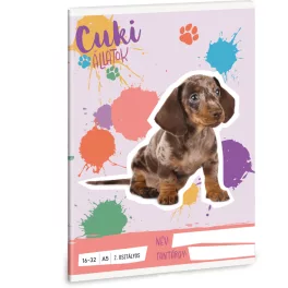   Cuki állatok tűzött füzet A/5, 32 lap vonalas 2.osztály (16-32), kutya, harlekin tacskó, 2025