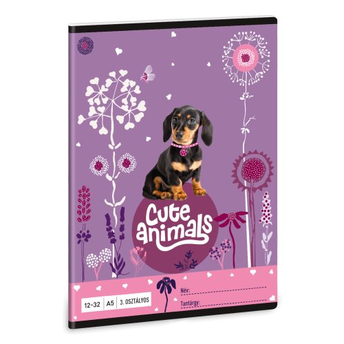 Cuki állatok tűzött füzet A/5, 32 lap vonalas 3.osztály (12-32), puppy, kutyás