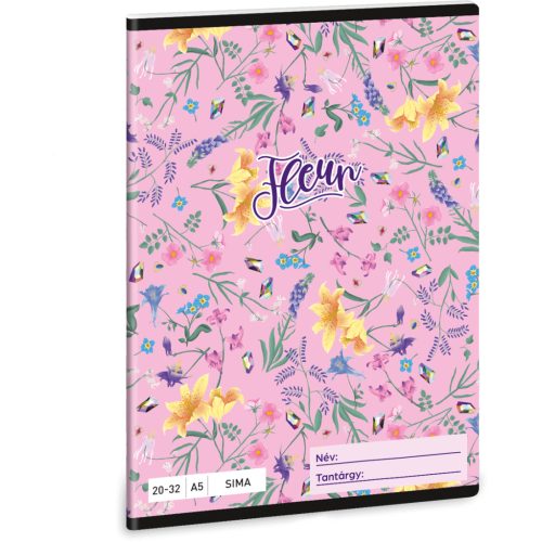 Fleur tűzött füzet A/5, 32 lap sima, rózsaszín, virágos