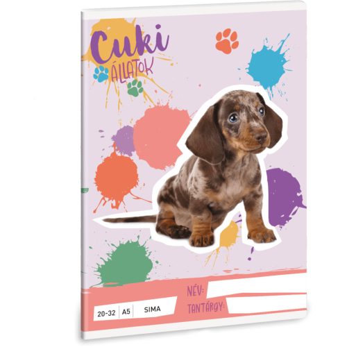 Cuki állatok tűzött füzet A/5, 32 lap sima, kutya, harlekin tacskó, 2025