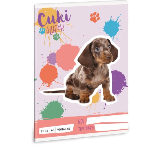 Cuki állatok tűzött füzet A/5, 32 lap vonalas (21-32), kutya, harlekin tacskó, 2025