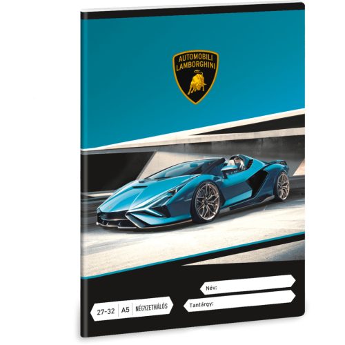Lamborghini, autós tűzött füzet A/5, 32 lap kockás, fekete-szürke-kék