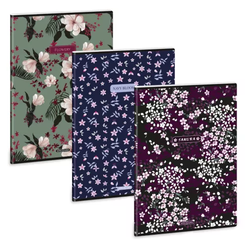 Ars Una tűzött füzet A/4, 40 lap sima, többféle, Flowery, Sakura, Navy