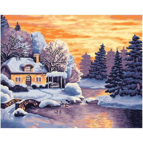 Festés számok szerint, téli tóparti ház, 40x50cm
