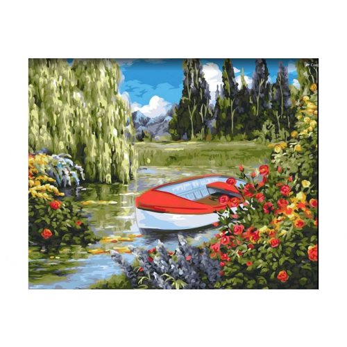 Festés számok szerint, piros csónak a tavon, 40x50cm
