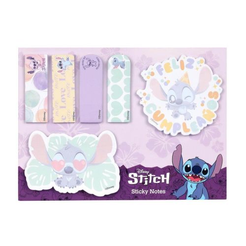 Stitch jegyzettömb-, jelölőcímke készlet, 6 db-os, asztali tartóval, Feliz Cumpleanos