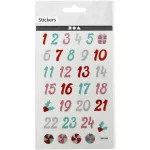 Karácsonyi matrica, adventi naptár, számok 1-24-ig, csillogó számok, 10x16cm