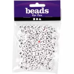 Betű gyöngyök, fehér, kerek, fekete betűk és számok, 200 db/csomag