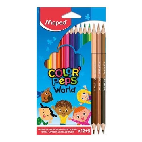 Színes ceruzakészlet, 12+3 db-os, Maped Color Peps World, háromszög test, bőrszínű ceruzákkal