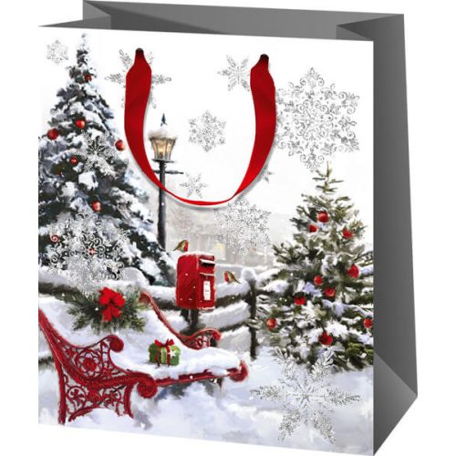 Karácsonyi ajándéktáska 23x18x10cm, közepes, havas utca