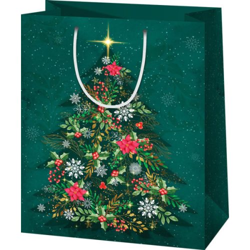 Karácsonyi ajándéktáska 14x11x6cm, kicsi, zöld, fenyőfa