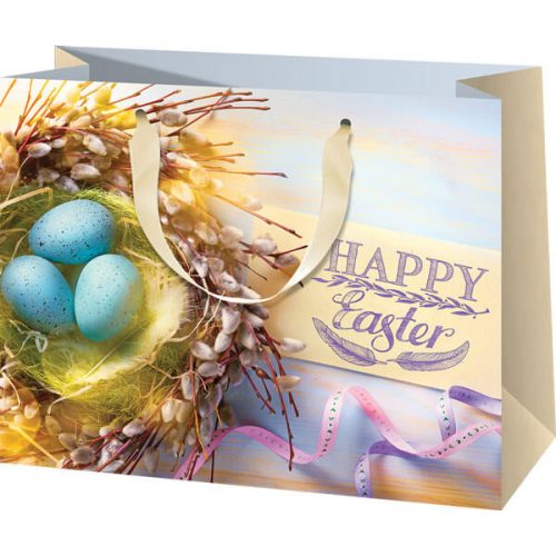 Húsvéti ajándéktáska 23x18x10cm, közepes, fekvő, tojások kosárban