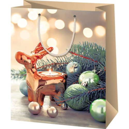 Karácsonyi ajándéktáska 14x11x6cm, kicsi, rénszarvas gömbökkel