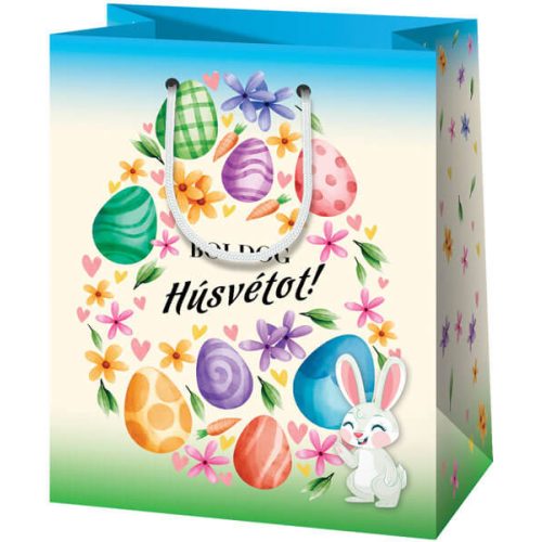 Húsvéti ajándéktáska 23x18x10cm, közepes, vidám nyuszi tojásokkal, Boldog húsvétot!