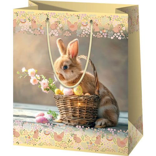 Húsvéti ajándéktáska 23x18x10cm, közepes, nyuszi füles kosárral és virággal