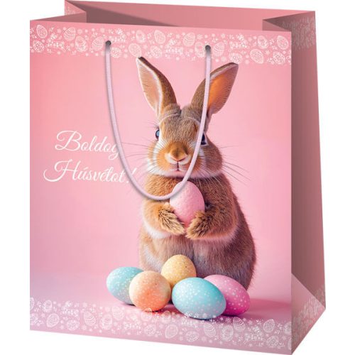 Húsvéti ajándéktáska 14x11x6cm, kicsi, rózsaszín, nyuszi tojásokkal