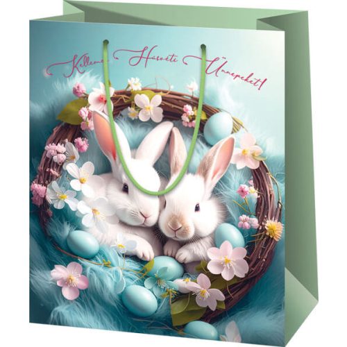 Húsvéti ajándéktáska 23x18x10cm, közepes, kék, két nyuszi koszorúval