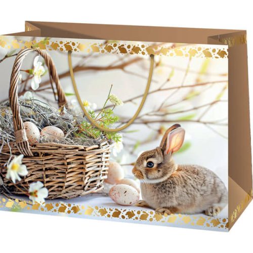 Húsvéti ajándéktáska 23x18x10cm, közepes, fekvő, barna, nyuszi kosárral