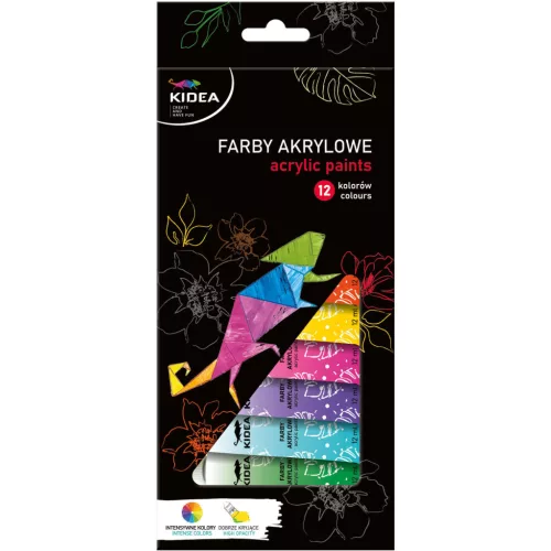 Akrilfesték készlet, 12 db-os, 12x12ml, alap színek, Kidea