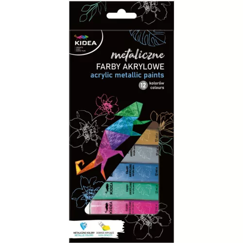 Akrilfesték készlet, 12 db-os, 12x12ml, metál, Kidea