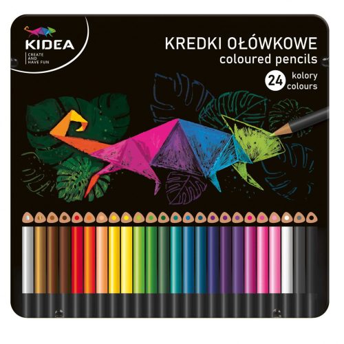 Színes ceruzakészlet, 24 db-os, fémdobozos, alap színek, háromszög test, Kidea