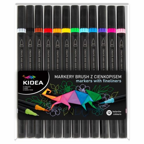 Kétvégű filctoll készlet (ecsetfilc és tűfilc), 12 db-os, Kidea