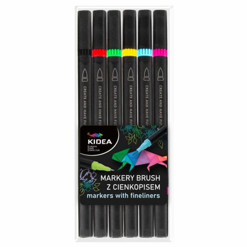 Kétvégű filctoll készlet (ecsetfilc és tűfilc), 6 db-os, Kidea