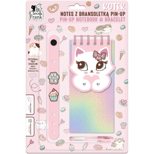 PIN-UP jegyzetfüzet kartkötővel, zseléstollal, 3 díszítő formával, 8,5x17,5 cm, cicás, Kidea