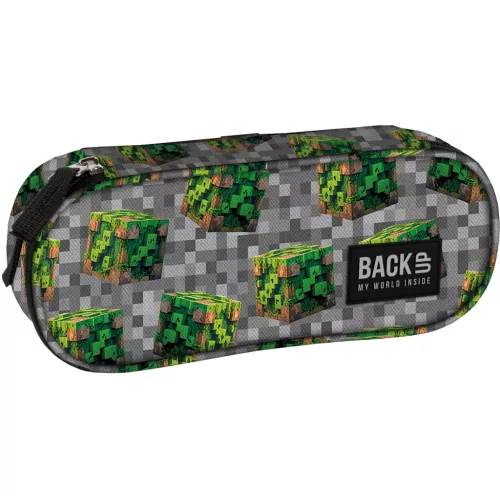 Minecraft mintás tolltartó, beledobálós, ovális, BackUp, 2026, A78, szürke, zöld kockákkal