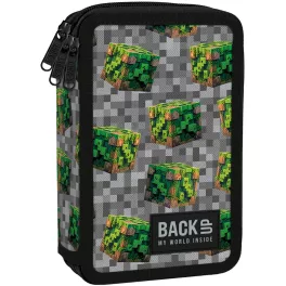  Minecraft mintás tolltartó, 3 emeletes, töltött, BackUp, 2026, EW78, szürke, zöld kockákkal