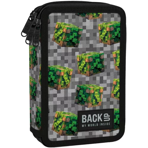 Minecraft mintás tolltartó, 3 emeletes, töltött, BackUp, 2026, EW78, szürke, zöld kockákkal