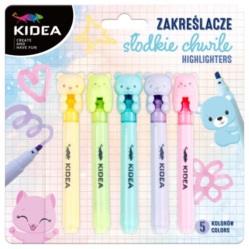 Szövegkiemelő, 5 db/csomag, pasztell, macis kupakkal, Kidea