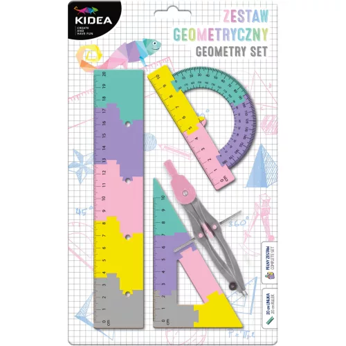 Geometria készlet, körző és vonalzó szett, 4 db-os, lányos színű, Kidea