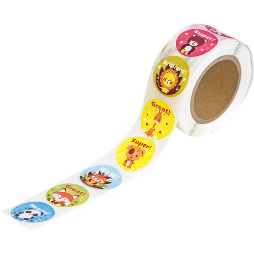 Motivációs matricakészlet tekercsen, 2,5cm széles, állatok angol feliratokkal, 500 db-os