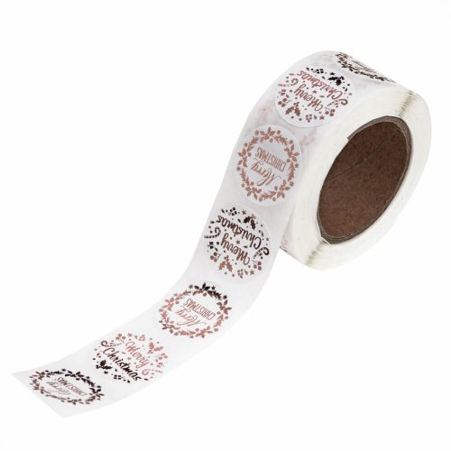 Karácsonyi matricák tekercsen, 2,5cm széles, karácsonyi üdvözlet, fehér- rosegold, 500 db-os