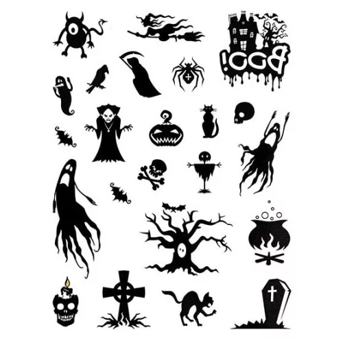 Halloween tetoválás matrica, 23 db-os, fekete-fehér