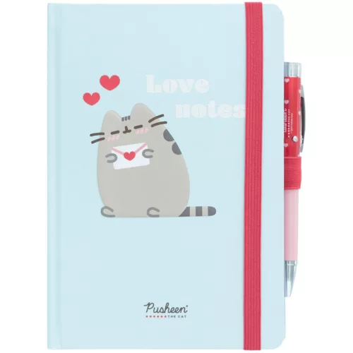 Pusheen cicás napló gumis pánttal, A/5, 96 lapos, világító tollal, Love notes