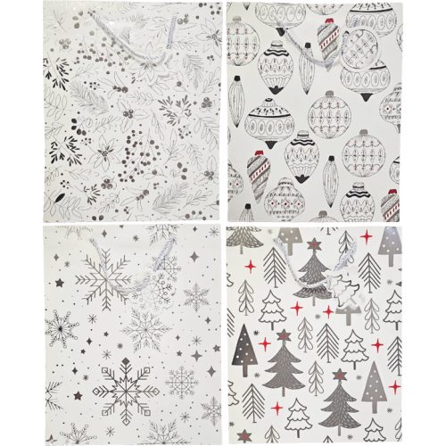 Karácsonyi ajándéktáska 32x26x10cm, nagy, fehér, fekete mintával, 4 féle