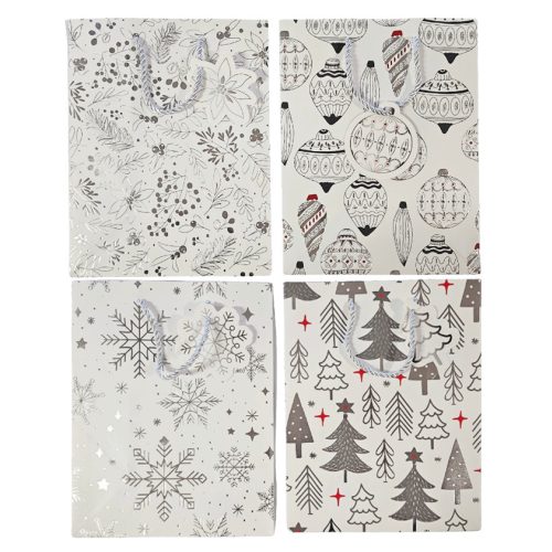 Karácsonyi ajándéktáska 23x18x10cm, közepes, fehér, fekete mintával, 4 féle