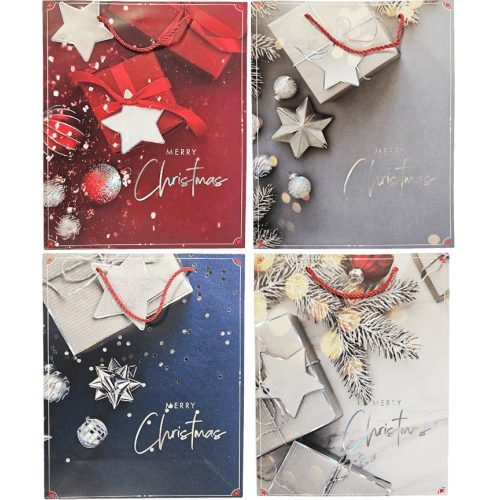 Karácsonyi ajándéktáska 32x26x10cm, nagy, ajándékdobozos mintával, 4 féle