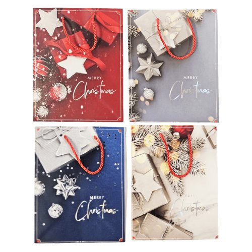 Karácsonyi ajándéktáska 23x18x10cm, közepes, ajándékdobozos mintával, 4 féle