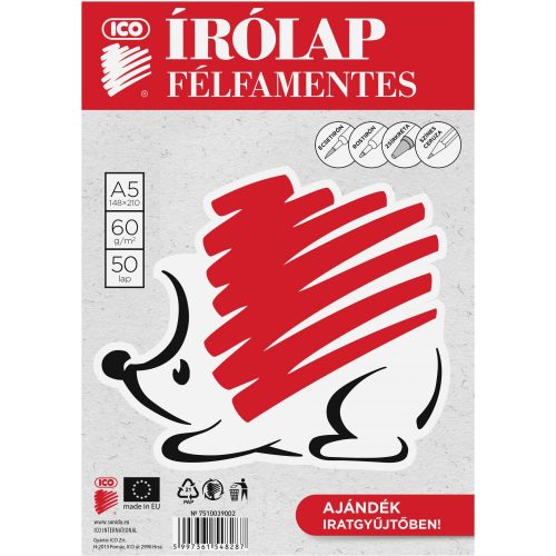 Írólap A/5, félfamentes, 50 lap/csomag, ICO Süni