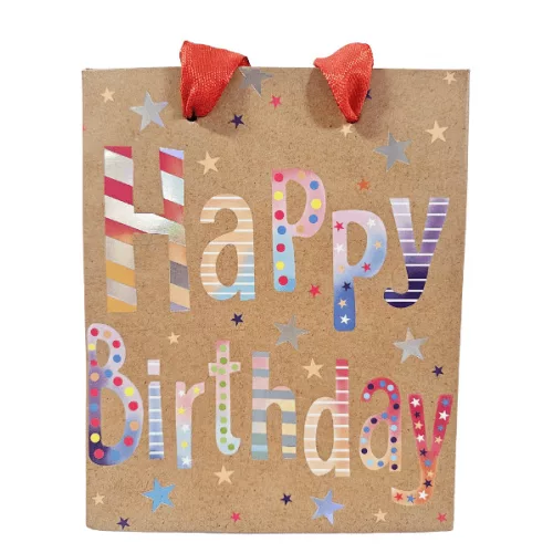 Születésnapi ajándéktáska 14x11x5cm, kicsi, Happy Birthday felirattal, barna